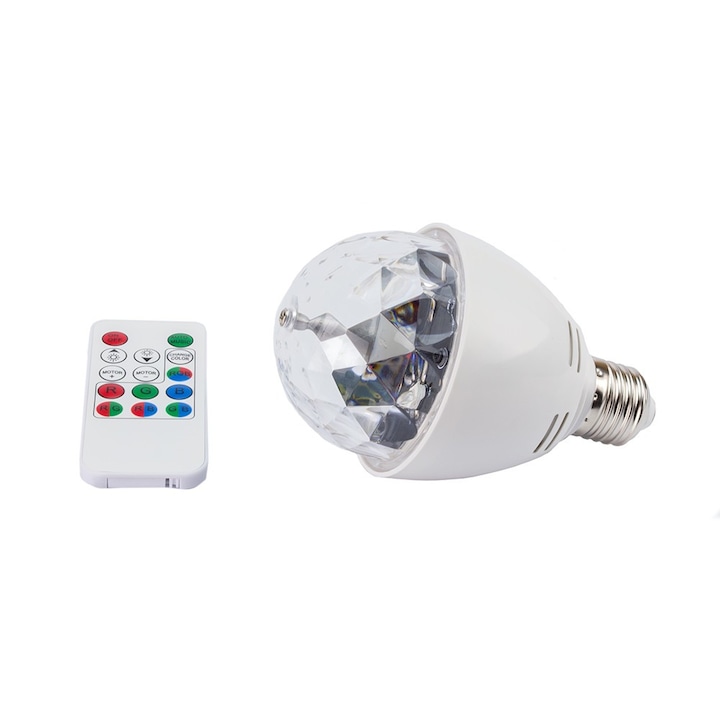 LED Disco izzó, 3W, E27, forgatható, RGB, hangérzékelő, távirányító