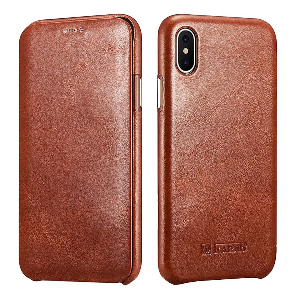 Husa iPhone XS Max, iCarer Vintage Curved, din piele, tip carte cu clapeta curbata, culoare Maro coniac