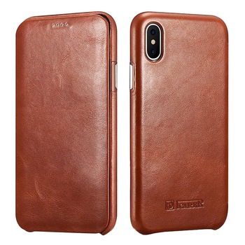Husa iPhone XS Max, iCarer Vintage Curved, din piele, tip carte cu clapeta curbata, culoare Maro coniac Husa iPhone XS Max, iCarer Vintage Curved, din piele, tip carte cu clapeta curbata, culoare Maro coniac