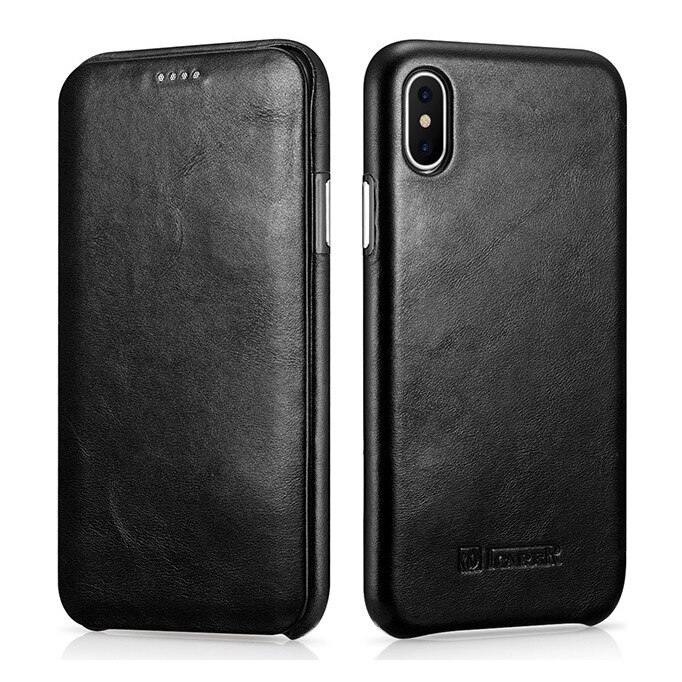 Husa iPhone XS Max, iCarer Vintage Curved, din piele, tip carte cu clapeta curbata, culoare Negru