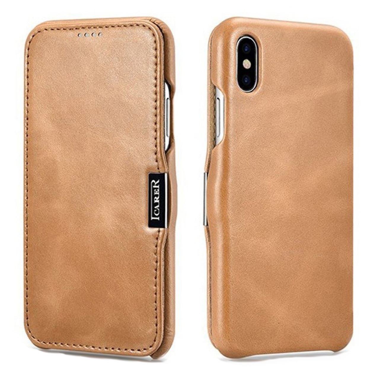 Husa iPhone XS Max, iCARER Vintage Side Open, piele naturala, tip carte, inchidere magnetica, culoare Maro camel