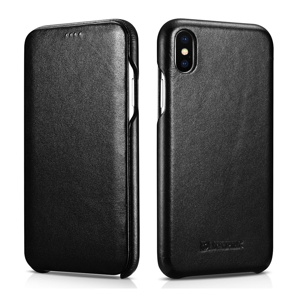 Husa iPhone XS Max, iCarer Luxury Curved, din piele naturala cu clapeta curbata, tip carte, culoare Negru