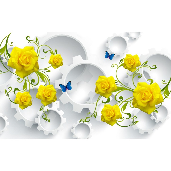 Fototapet Trandafiri galbeni si fluturi (380 x 255 cm)