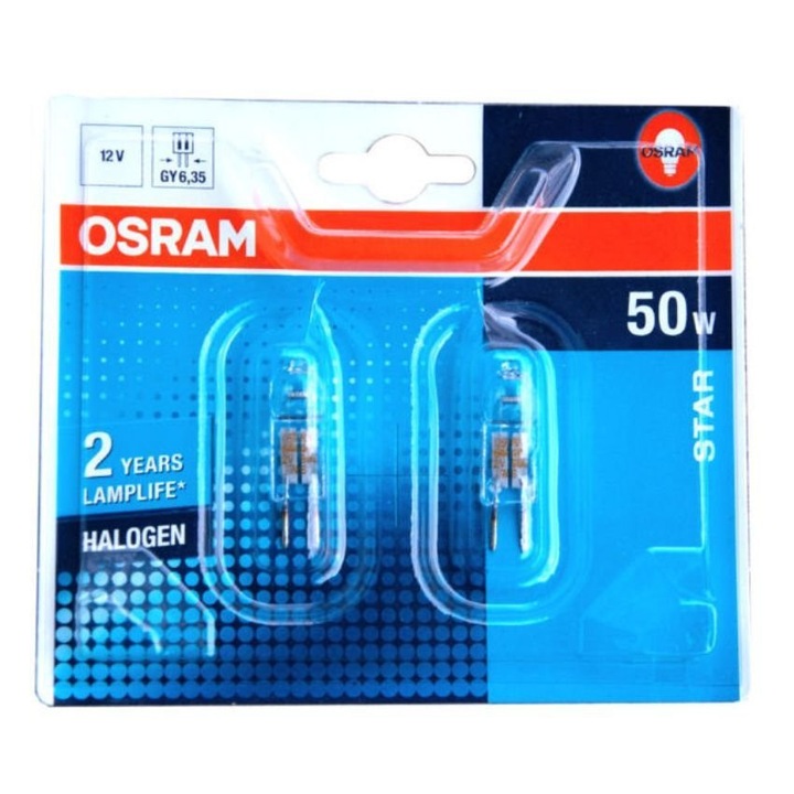 Халогенна крушка OSRAM HALOSTAR, G6.35, 12V, 50W, 2000 часа, 2 броя