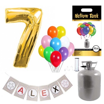 Set accesorii / articole petrecere copii banner personalizat, balon cifra 7, butelie heliu si 10 baloane latex Set accesorii / articole petrecere copii banner personalizat, balon cifra 7, butelie heliu si 10 baloane latex