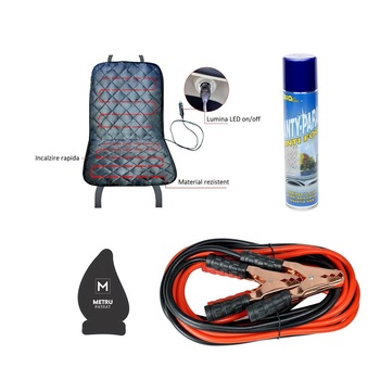 Pachet auto de iarna: spray pentru dezaburire parbriz 300 ml + Husa auto cu incalzire 12V Neagra + Cabluri curent baterie 400 A + Odorizant Metru Patrat CADOU Pachet auto de iarna: spray pentru dezaburire parbriz 300 ml + Husa auto cu incalzire 12V Neagra + Cabluri curent baterie 400 A + Odorizant Metru Patrat CADOU
