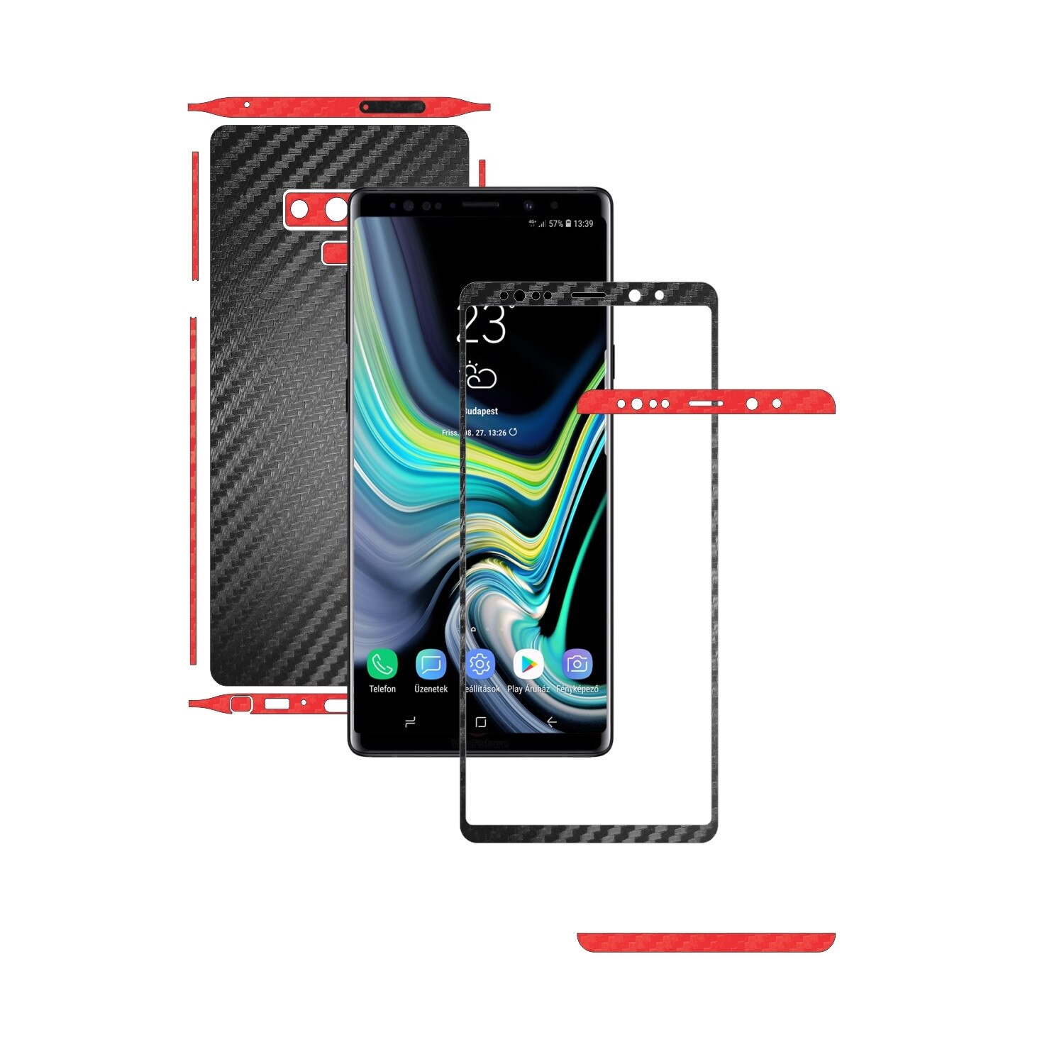 PROTECTIE DE ECRAN CADOU - Samsung Note 9 - Two Tone Carbon Negru / Rosu, Folie de protectie Carbon Skinz,Full Body Cover, Husa de tip Skin Adeziv cu Acoperire Totala pentru Carcasa si Ecran