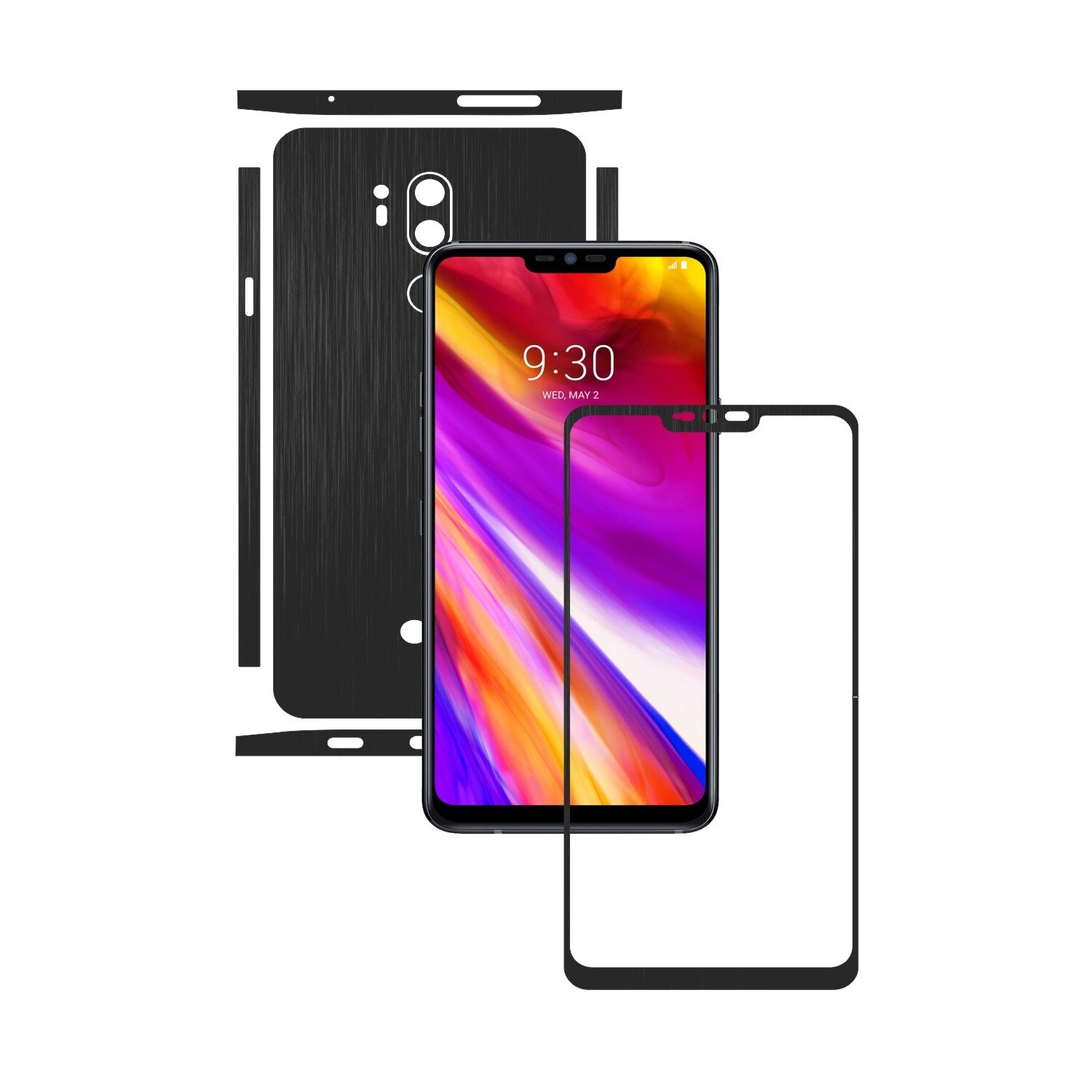 1 + 1 GRATUIT - LG G7 ThinQ - Brushed Negru - Folie de protectie Carbon Skinz, Husa Full Body Cover de tip Skin Adeziv pentru Rama Ecran,Carcasa Spate si Laterale