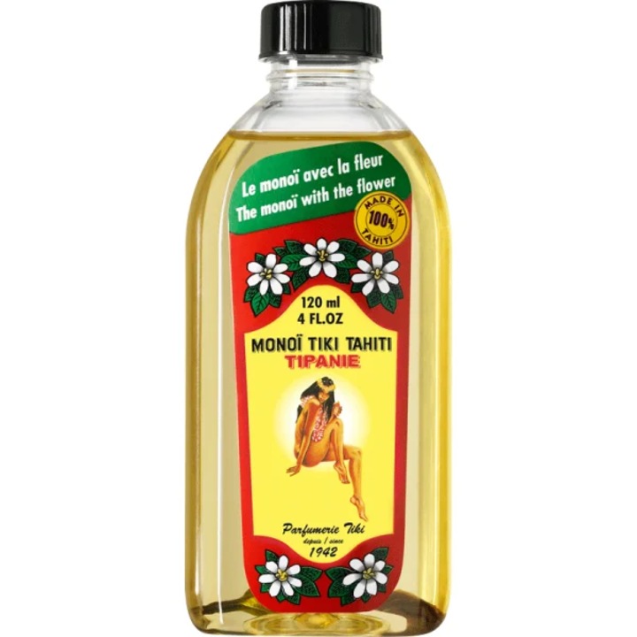 Ulei natural Monoi TIKI Tahiti Tipanie, un amestec de ulei de nuca de cocos pur si esenta delicata de Tiare, Tahitian Gardenia, catifeleaza, hidrateaza, 120 ml