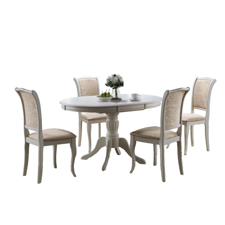 Set masa lemn ovala extensibila cu 4 scaune lemn aspect clasic din lemn, elegant, cu tapiterie crem, culoare ecru