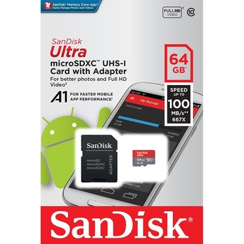 Card de memorie SanDisk Micro SD Ultra, 64GB, Class 10, 100Mb/s, Full HD + Adaptor Card de memorie SanDisk Micro SD Ultra, 64GB, Class 10, 100Mb/s, Full HD + Adaptor