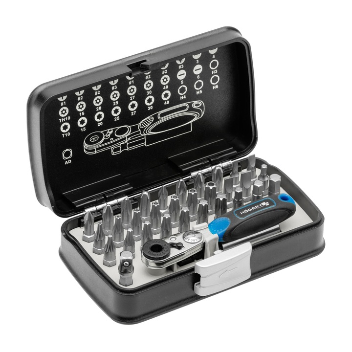 Set biti / capete de surubelnite cu maner cu clichet, 33 buc, otel S2