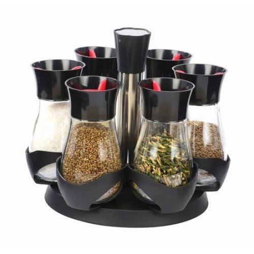 Set condimente 6 recipiente cu suport rotativ + Set cutite 3 piese