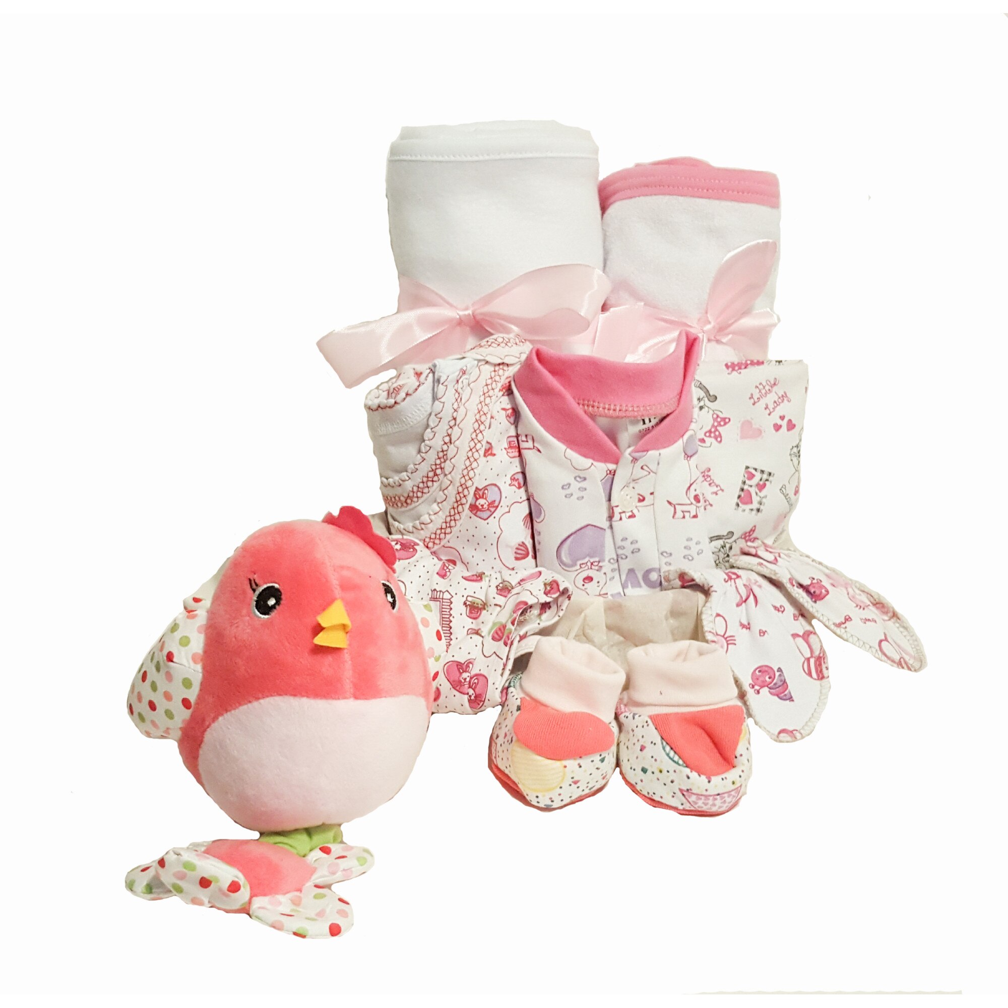 Cos cadou Handmde Minis Boutique, pasare roz,, 0-3 luni