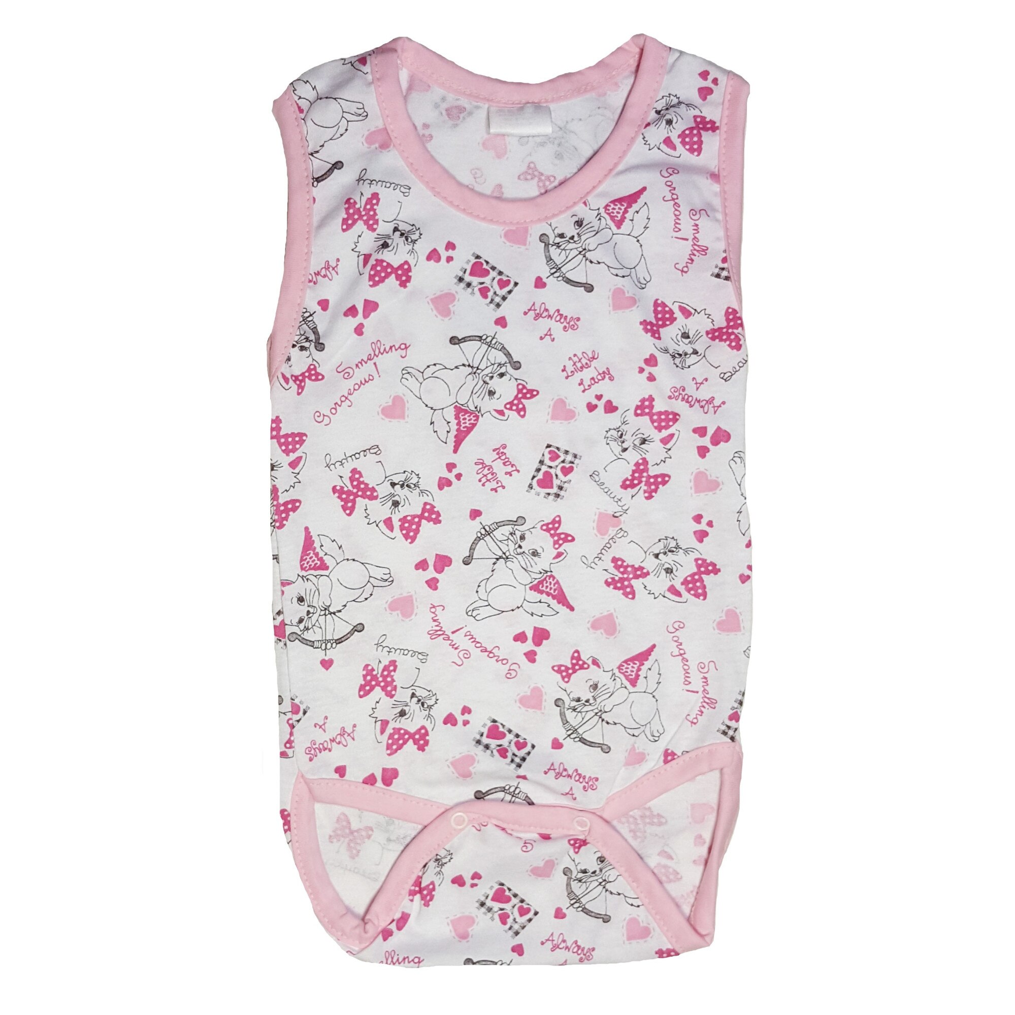 Body Handmade Minis Boutique, alb, cu roz pal si imprimeu pisicute, 6-9 luni