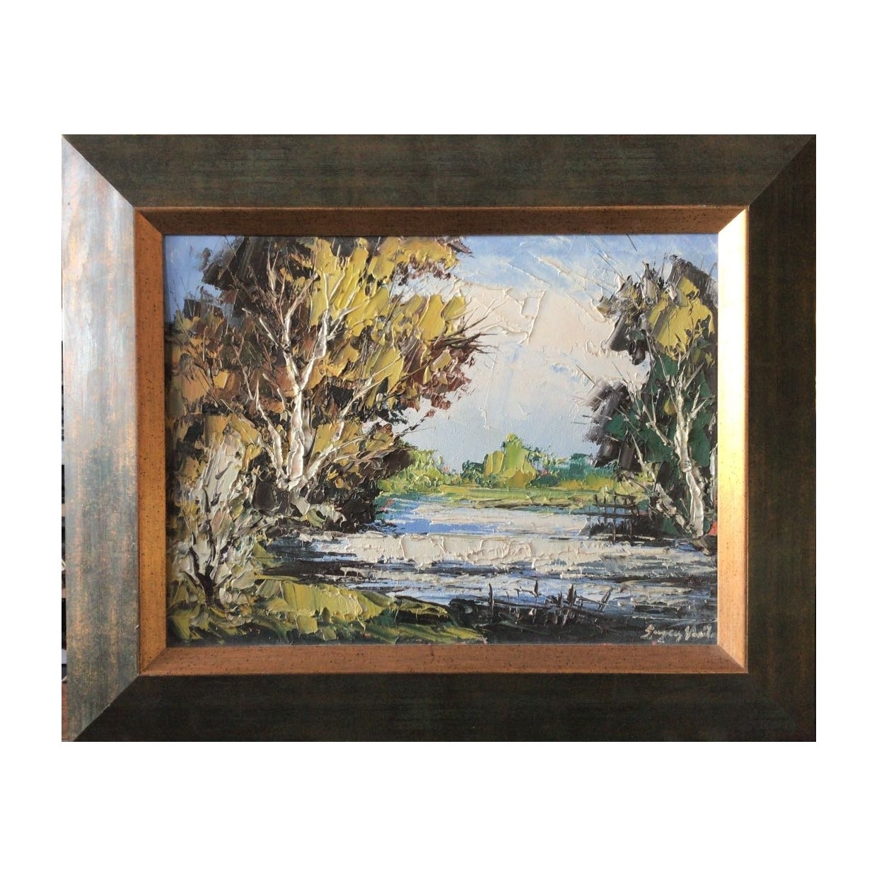 Peisaj de vara cu rau, tablou pictat in cutit, Tablou abstract, pictura moderna contemporana, tablou decorativ. Tablou inramat Pictura in ulei pe panza, 54x44 cm