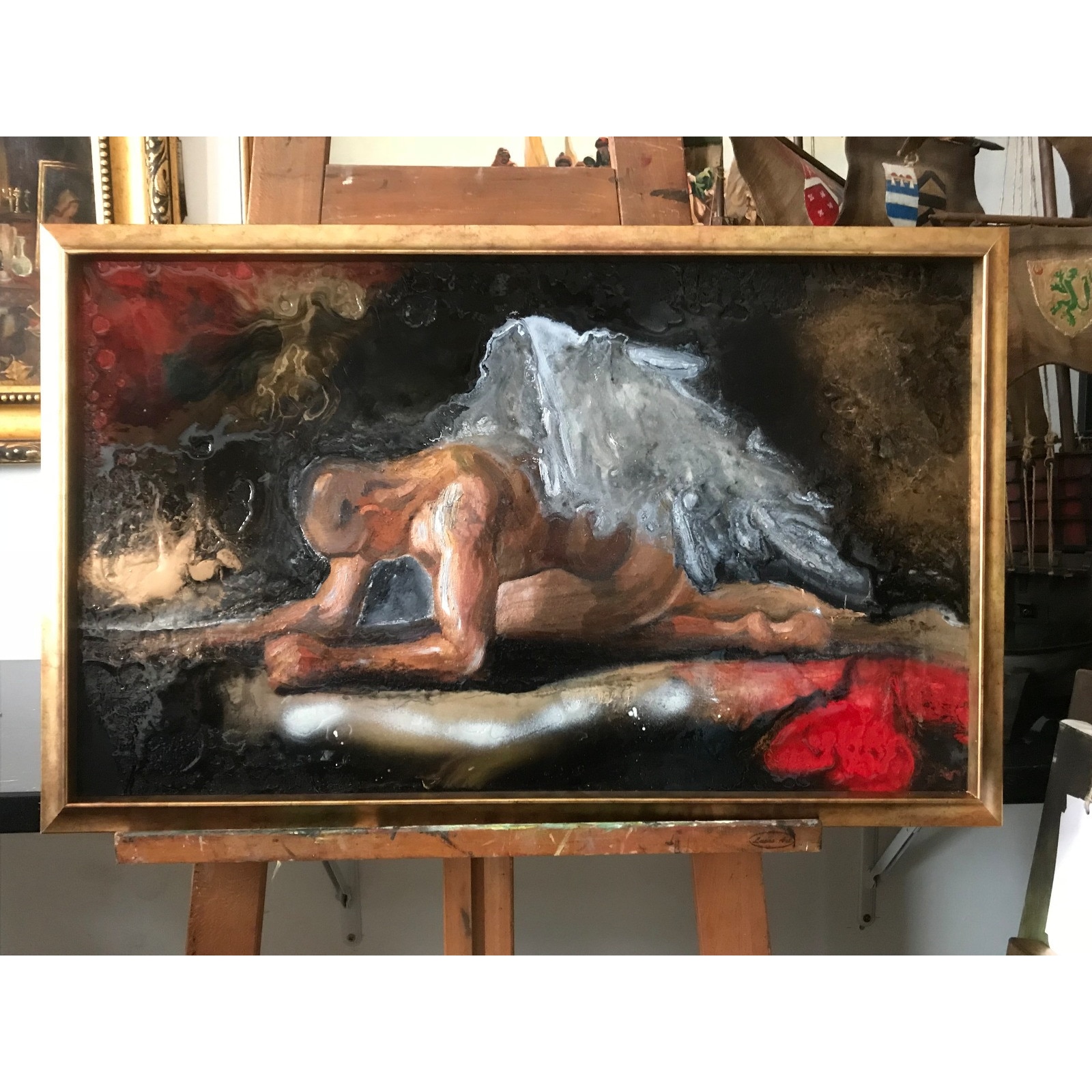 Nud barbat compozitie trunchi, Pictura in ulei pe panza 60x45 cm