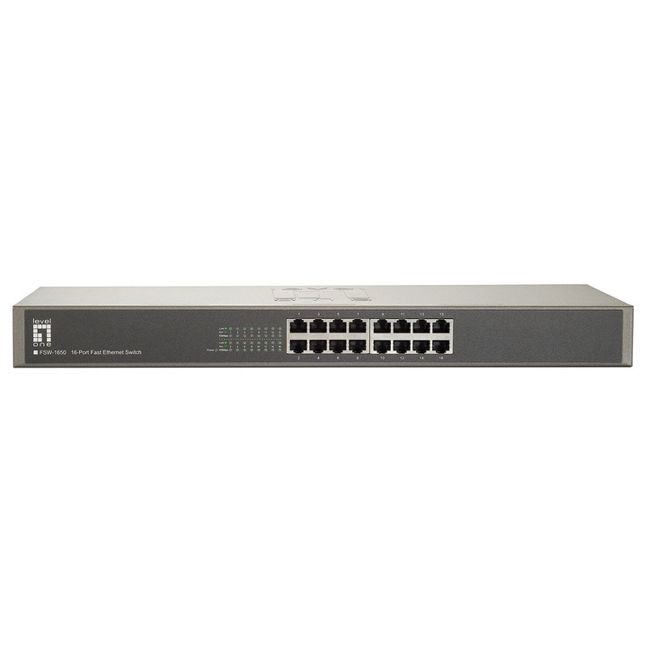Switch Level One 16-Port Rackmount Fast Ethernet Switch, 16xRJ45 10/100 Mbps, безшумен, вътрешно захранване, метален корпус, 19"