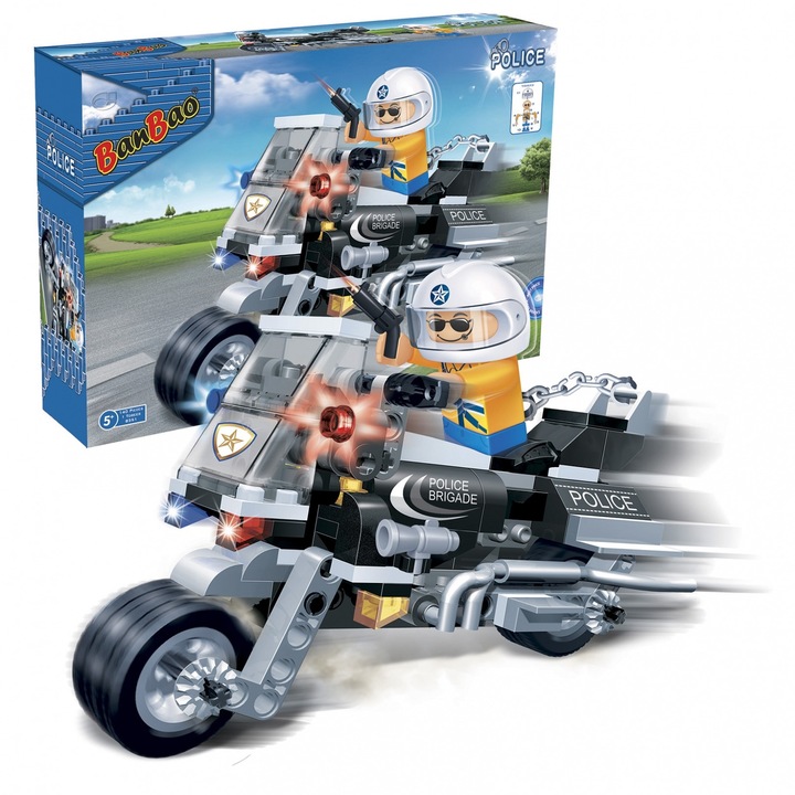 Set constructie 140 piese si 1 figurina, Motocicleta politie, BanBao