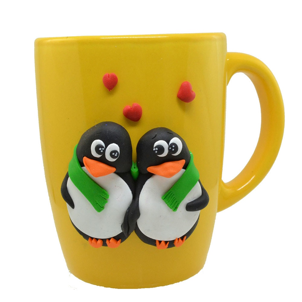 Cana Tracolla, model pinguini indragostiti, handmade, galben, 250 ml