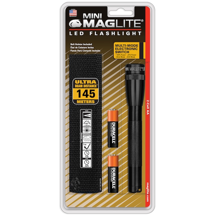 Мини-фенер MagLite, LED, калъф, черен
