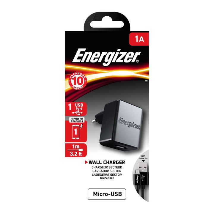 Мрежово зарядно устройство ENERGIZER с Micro USB кабел, 1xUSB, 1A, Черно