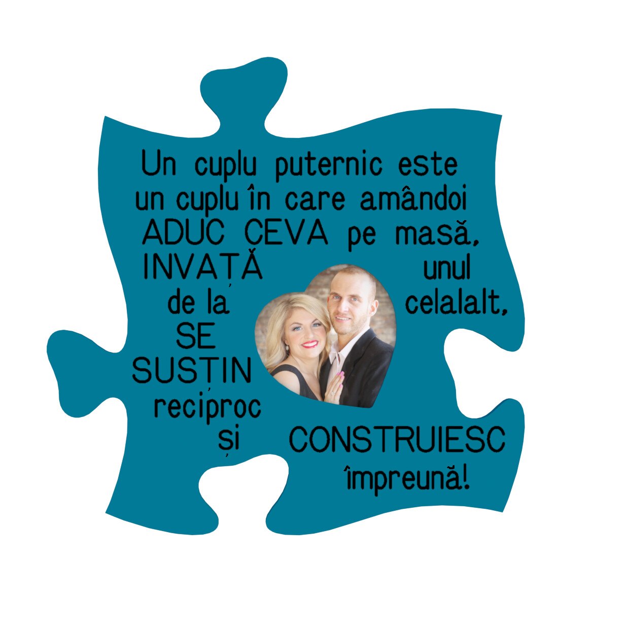 Rama foto tip puzzle, personalizata, inima mica, Un cuplu puternic, turcoaz, foto 10x10