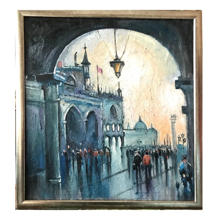 Peisaj Italia, tablou urban, Tablou abstract, pictura moderna contemporana, tablou decorativ. Tablou inramat Pictura in ulei pe panza, Tablou original 51x48 cm