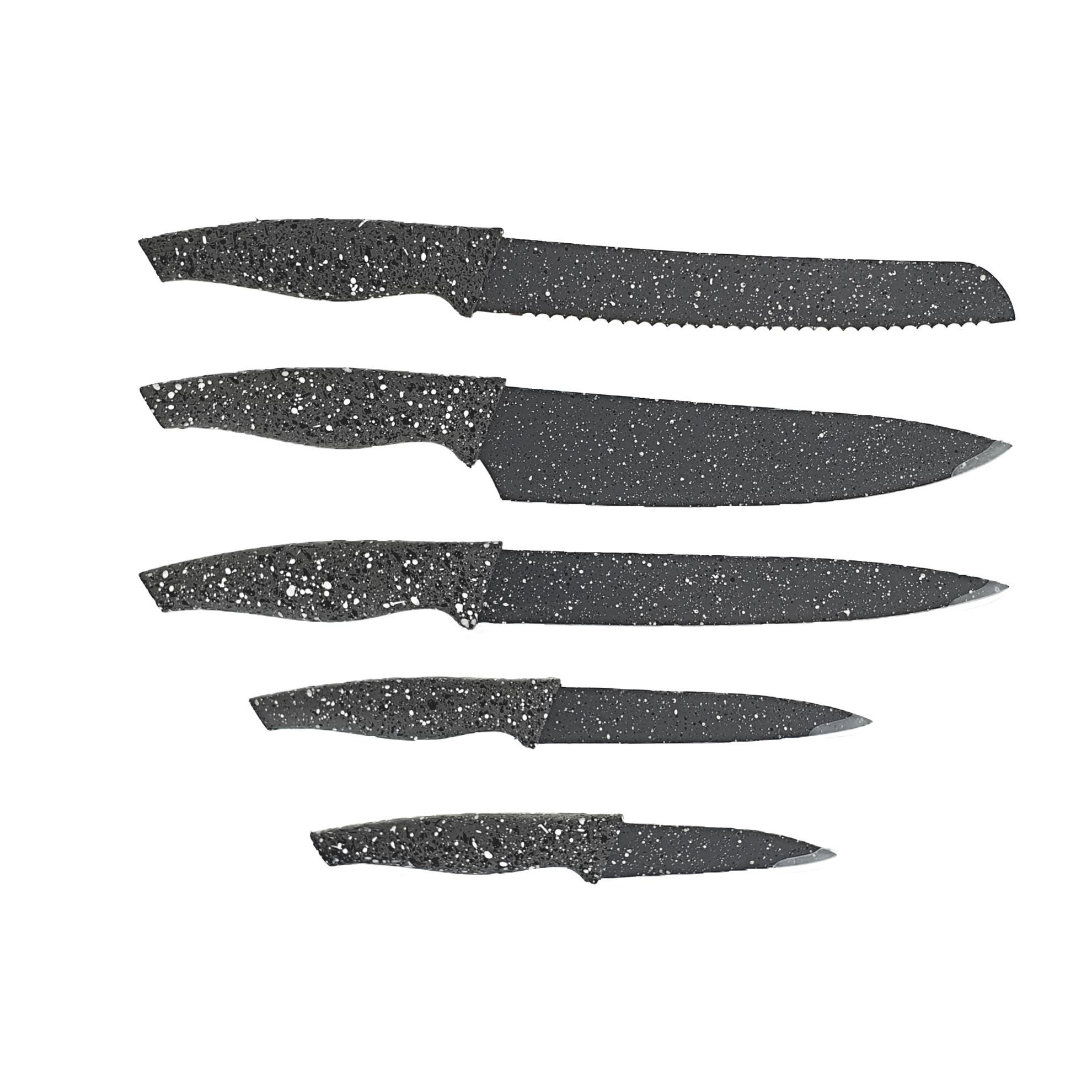 Set cutite Bohmann BH-6165GR , 5 piese, invelis anti aderent, cu maner plastic, suport din ceramica, gri deschis