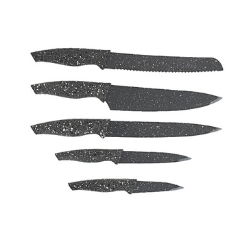 Set cutite Bohmann BH-6165GR , 5 piese, invelis anti aderent, cu maner plastic, suport din ceramica, gri deschis Set cutite Bohmann BH-6165GR , 5 piese, invelis anti aderent, cu maner plastic, suport din ceramica, gri deschis