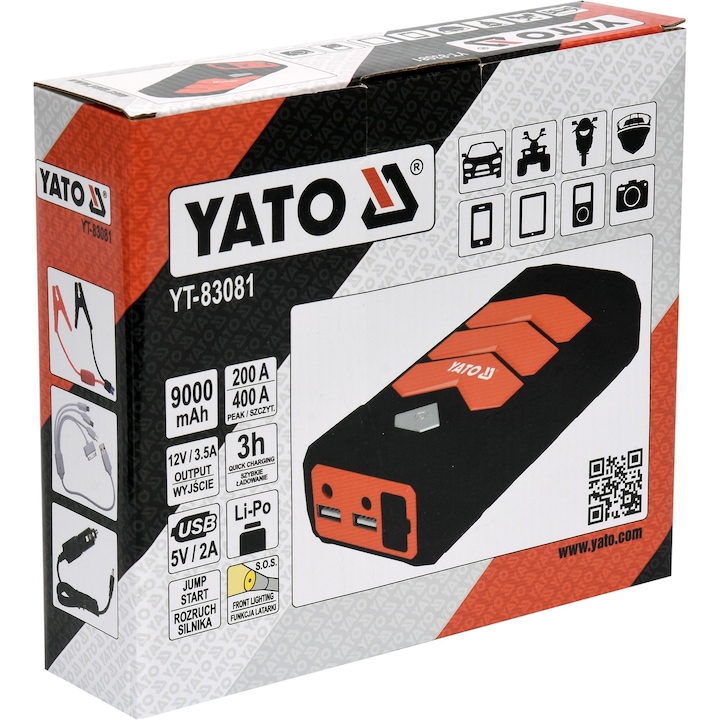 YATO külső akkumulátor, autó indításához / töltéséhez, Li-Po, 9000mAh, boost funkcióval