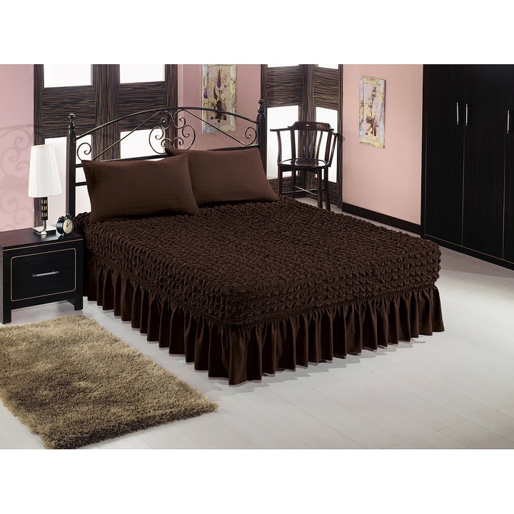 Спален комплект, Покривало-Одеяло, 2 калъфки за възглавница, цвят тъмно кафяв