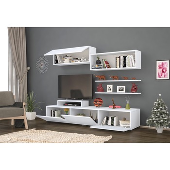 Comoda TV din pal, Deko Homs, alb, 150 x 30 x 35 cm, 1 x dulap, 3 x raft incluse Comoda TV din pal, Deko Homs, alb, 150 x 30 x 35 cm, 1 x dulap, 3 x raft incluse