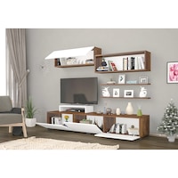 Comoda TV din pal, Deko Homs, alb/nuc, 150 x 30 x 35 cm, 1 x dulap, 3 x raft incluse
