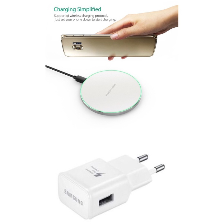 Incarcator wireless fast charge, E-smartgadget, Aluminum Ultra Slim pad,10W, WHITE +incarcator Fast chargers 9v/1.67A OR 5V/2A