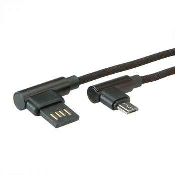 Cablu reversibil micro USB-B 2.0 la USB-A unghi T-T 1.8m Negru, Roline 11.02.8721 Cablu reversibil micro USB-B 2.0 la USB-A unghi T-T 1.8m Negru, Roline 11.02.8721