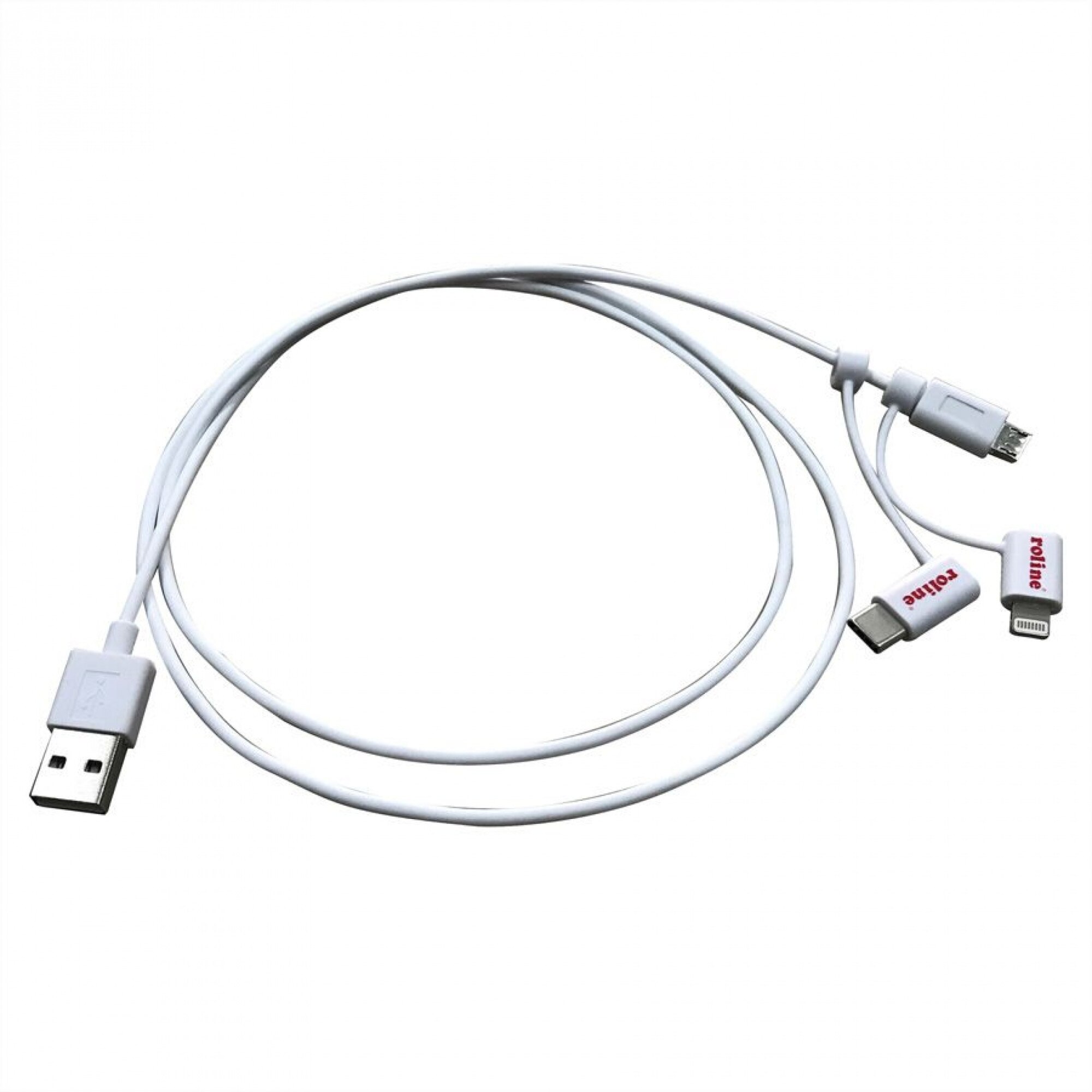 Cablu de date si incarcare USB la USB-C + micro USB-B + Lightning 1m Alb, Roline 11.02.8329