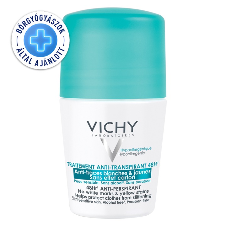 Vichy Izzadásgátló golyós dezodor, amely nem hagy sárga és fehér foltokat, 48h, 50 ml