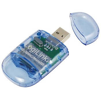 Cititor card memorie LogiLink CR0015, USB 2.0, pentru SD, SDHC, MicroSD, MicroSD-HC albastru transparent Cititor card memorie LogiLink CR0015, USB 2.0, pentru SD, SDHC, MicroSD, MicroSD-HC albastru transparent