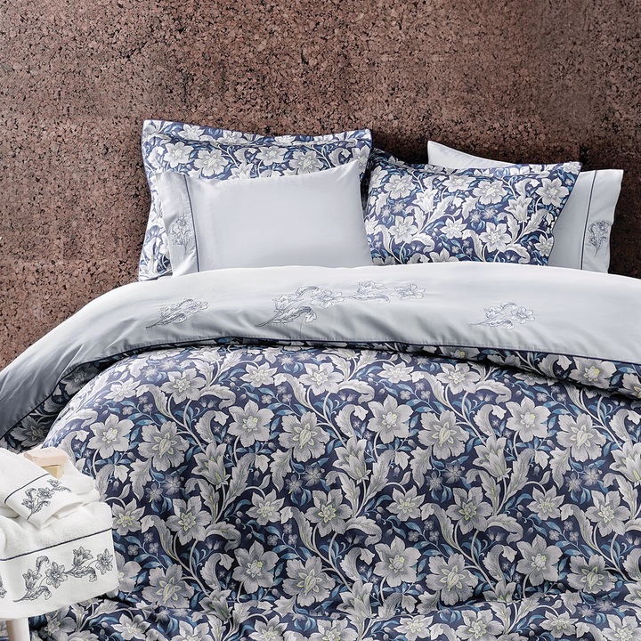Спален комплект от Tivolyo Home Anemon, 6 части, 100% Памучен сатен, Дигитален печат, Бродерия