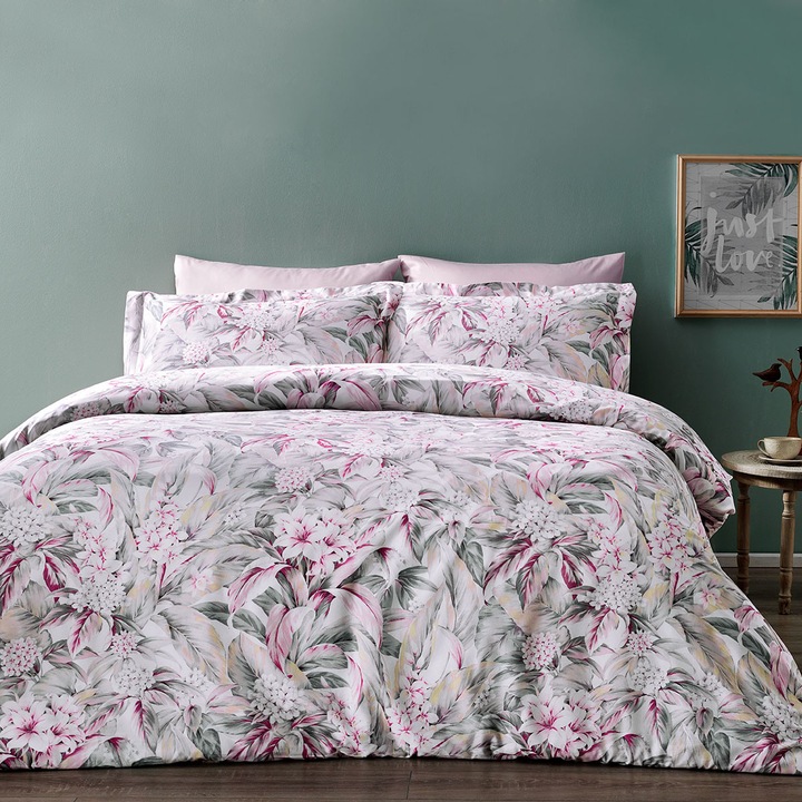 Спален комплект от Tivolyo Home Jolene, 6 части, 100% Памучен сатен, Дигитален печат, Флорален
