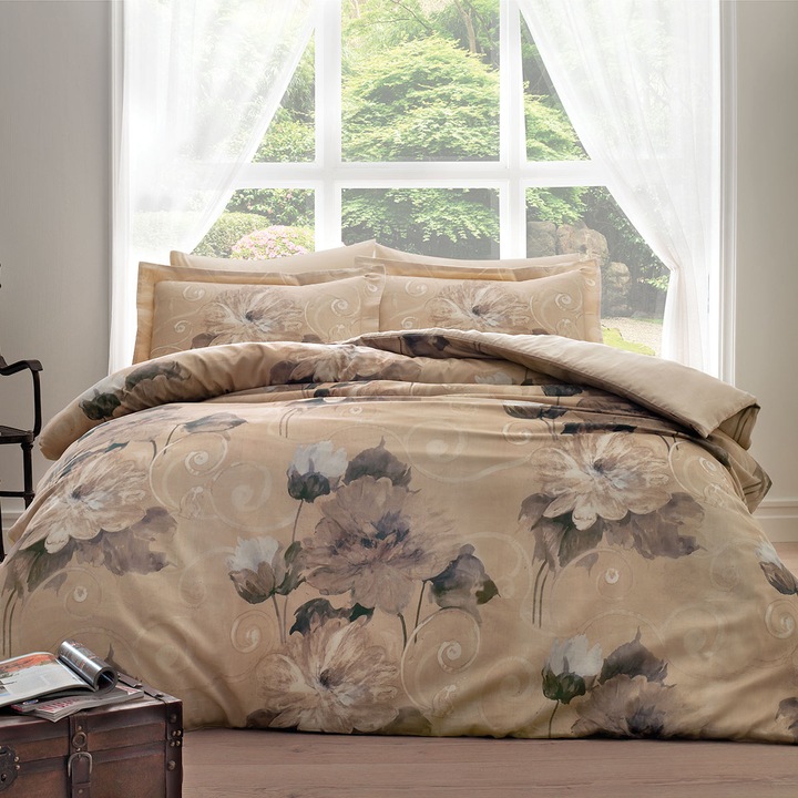 Спален комплект от Tivolyo Home Sahra, 6 части, 100% Памучен сатен, Дигитален печат
