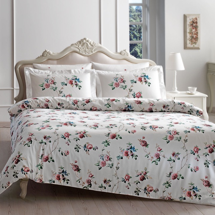 Спален комплект от Tivolyo Home Roseland, 6 части, 100% Памучен сатен, Дигитален печат, Флорален