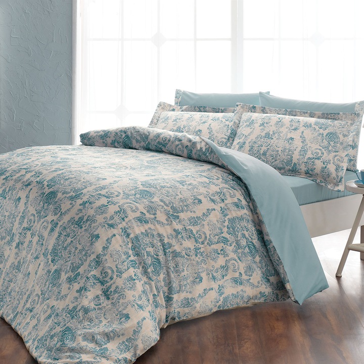 Спален комплект от Tivolyo Home Galantе, 6 части, Памучен сатен и полисатен, С трансферен печат, Екрю/Зелен