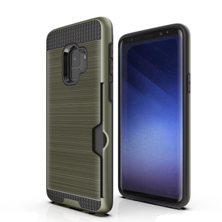 Samsung Galaxy S9 műanyag telefontok (gumi / szilikon belső, közepesen ütésálló, bankkártya tartó, szálcsiszolt mintázat) Sötétzöld