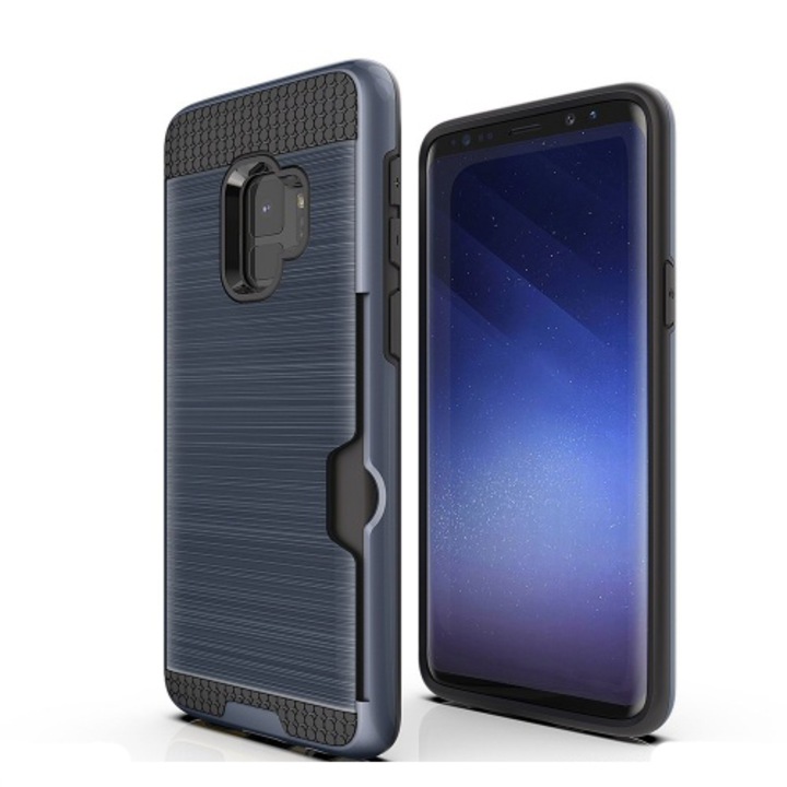 Samsung Galaxy S9 műanyag telefontok (gumi / szilikon belső, közepesen ütésálló, bankkártya tartó, szálcsiszolt mintázat) Sötétkék