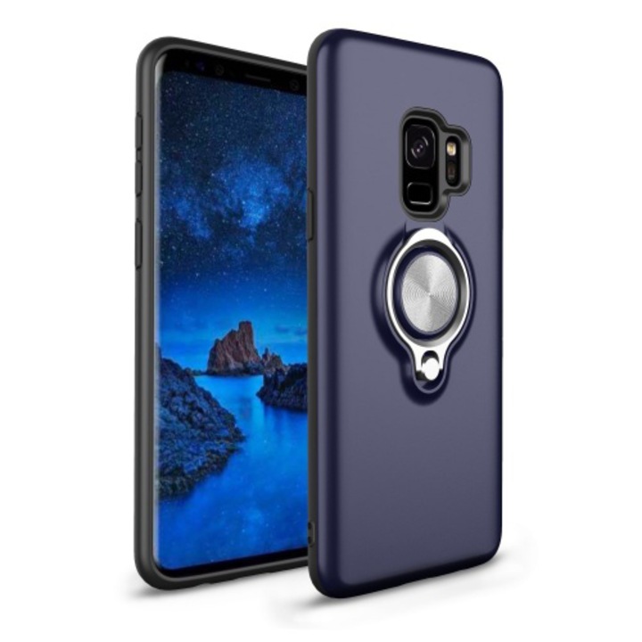 Samsung Galaxy S9 műanyag telefontok (gumi / szilikon belső , közepesen ütésálló, telefontartó gyűrű, 360°-ban forgatható) Kék