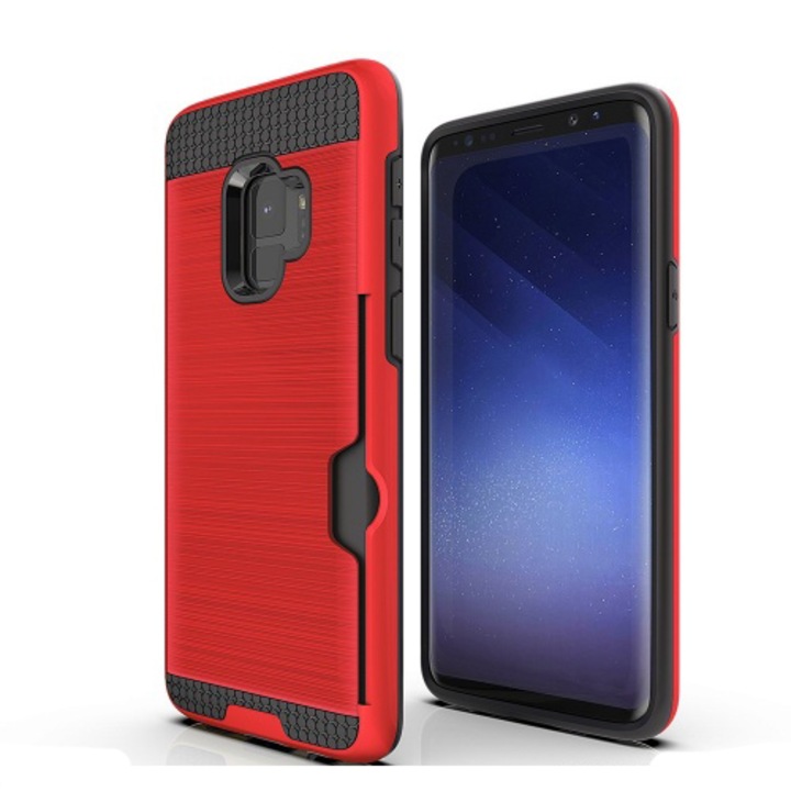 Samsung Galaxy S9 műanyag telefontok (gumi / szilikon belső, közepesen ütésálló, bankkártya tartó, szálcsiszolt mintázat) Piros