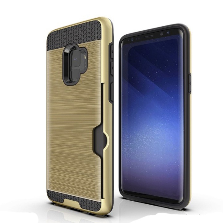 Samsung Galaxy S9 műanyag telefontok (gumi / szilikon belső, közepesen ütésálló, bankkártya tartó, szálcsiszolt mintázat) Arany