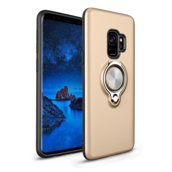 Samsung Galaxy S9 műanyag telefontok (gumi / szilikon belső , közepesen ütésálló, telefontartó gyűrű, 360°-ban forgatható) Arany